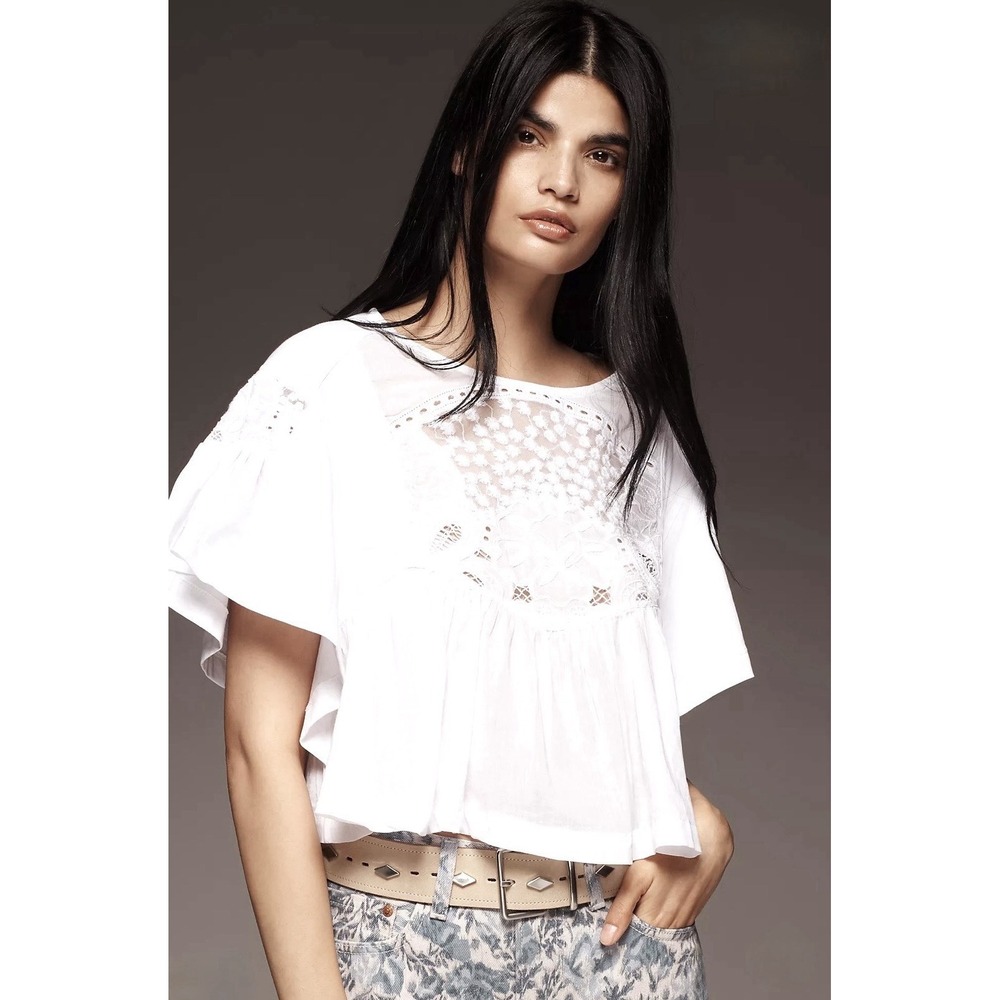 Maeve Anthropologie Embellished Swing Top M White Cotton Eyelet Lace NWT